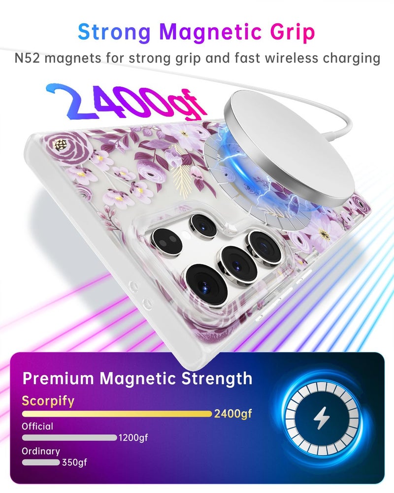 SCORPIFY Compatible with Samsung Galaxy S26 Ultra Case [Compatible with MagSafe] for Purple Nemophila Floral Design,Cute Magnetic Clear Flower Phone Cover for Women Girls,Slim Bumper with Gold Accents - Image 4