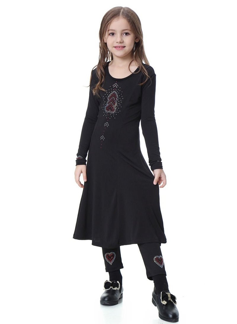 إسكدنيا Girl's Traditional Solid Color 2-Piece Long Sleeve Dress With Pants Black  - Image 1