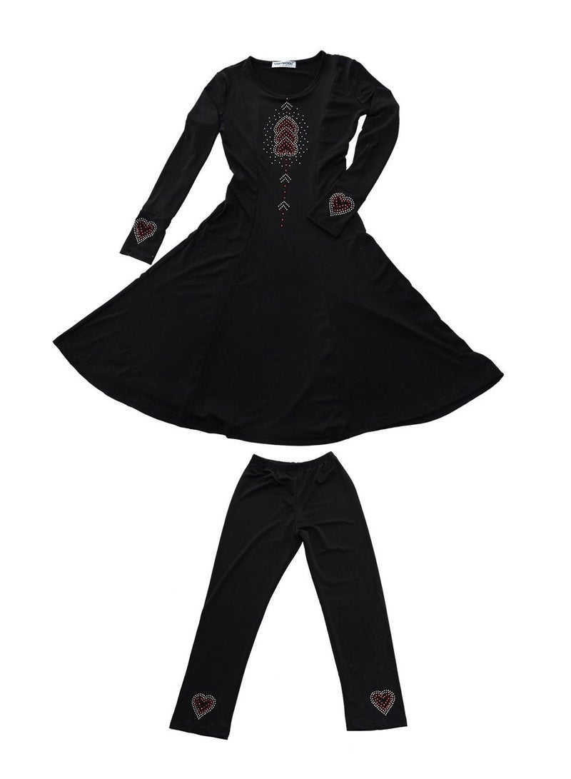 إسكدنيا Girl's Traditional Solid Color 2-Piece Long Sleeve Dress With Pants Black  - Image 3