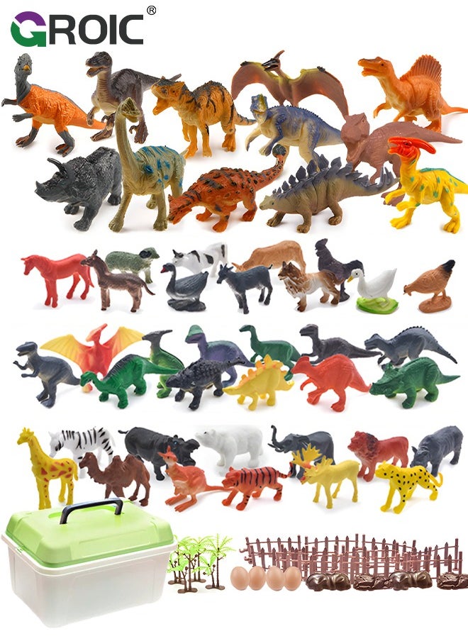 GROIC 71 Pcs Realistic Dinosaur & Animal Toy Figures Set with Storage Box,2-7 Inch, Figure Set Including T-Rex, Stegosaurus, Triceratops, Pterosaur, Wild and Domestic Animals, Scene Accessories Etc  - Image 1