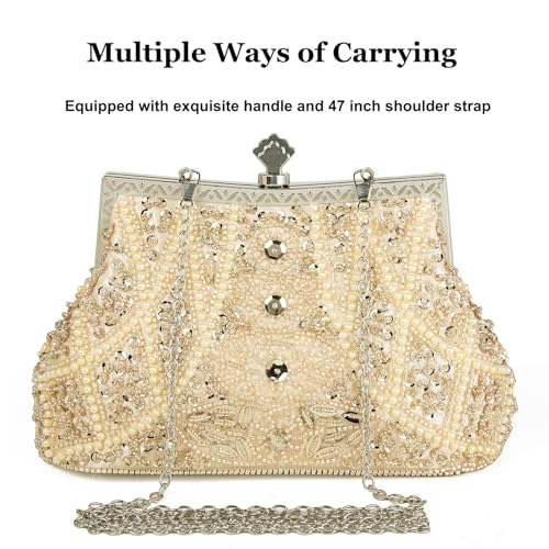 DA BODAN Women's Evening Bag Vintage Beaded Sequin Pearl Clutch Handbag Shoulder Bag Purses for Wedding Bridal Prom Party (Champagne) - Image 4