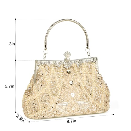 DA BODAN Women's Evening Bag Vintage Beaded Sequin Pearl Clutch Handbag Shoulder Bag Purses for Wedding Bridal Prom Party (Champagne) - Image 2