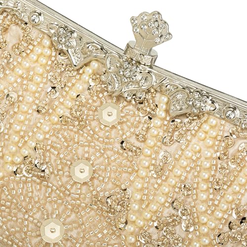DA BODAN Women's Evening Bag Vintage Beaded Sequin Pearl Clutch Handbag Shoulder Bag Purses for Wedding Bridal Prom Party (Champagne) - Image 5