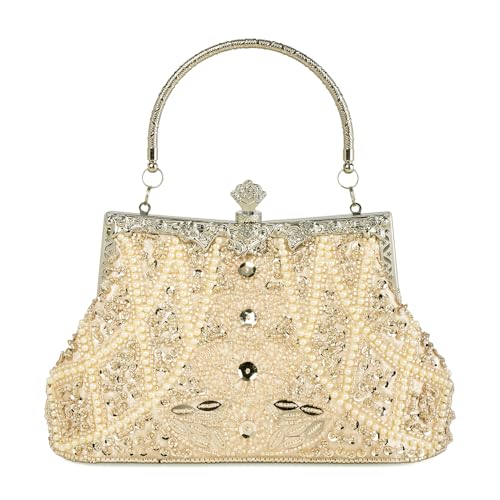 DA BODAN Women's Evening Bag Vintage Beaded Sequin Pearl Clutch Handbag Shoulder Bag Purses for Wedding Bridal Prom Party (Champagne) - Image 1