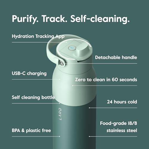 LARQ Bottle PureVis 2 23 oz - UV Water Purifier with Self-Cleaning, App Hydration Tracking, Filter Straw, Detachable Handle, Double-Wall Insulated, Eucalyptus Green - Image 3