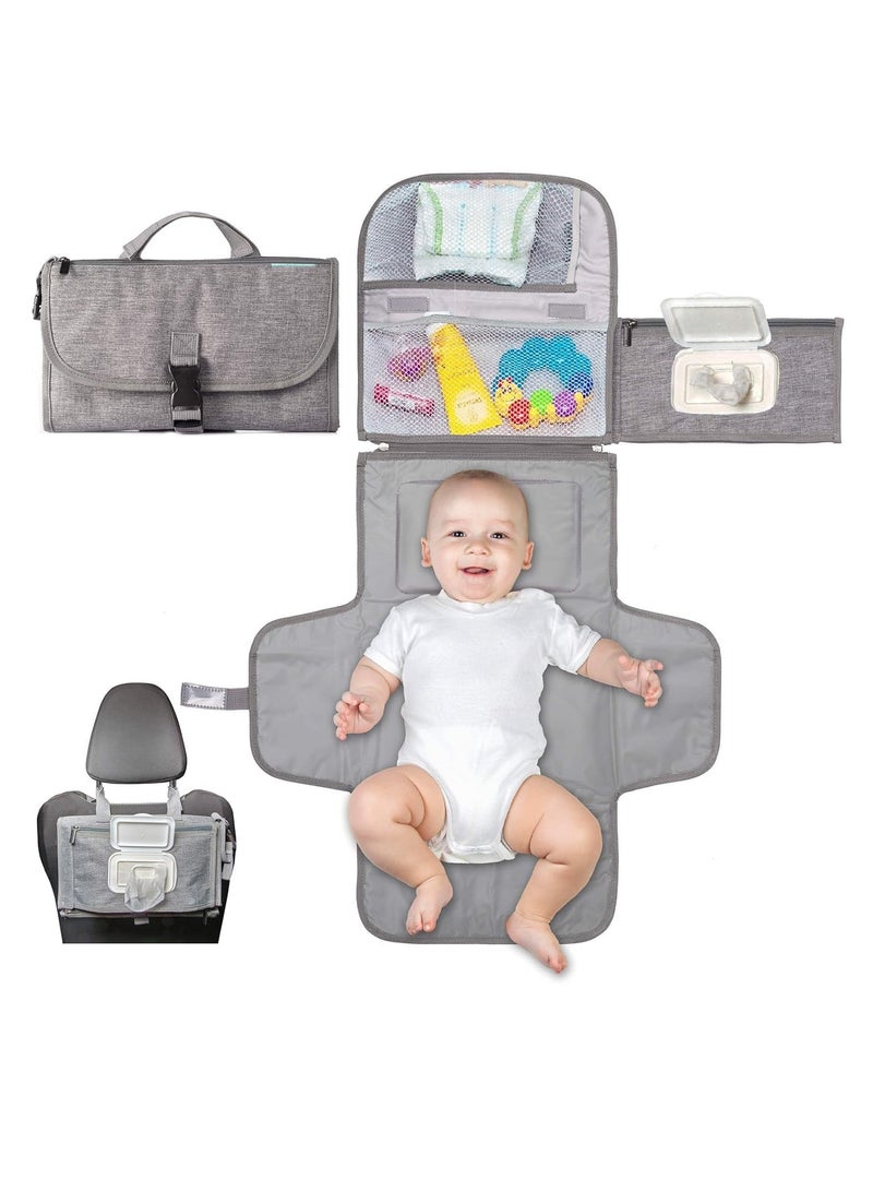 Gonice Baby Portable Diaper Changing Pad,Waterproof Travel Change Pad,with Wipes Pocket, Smart Design Portable Changing Mat, Infant Travel Station Kit, Gift for Newborn Girl & Boy - Grey - Image 1