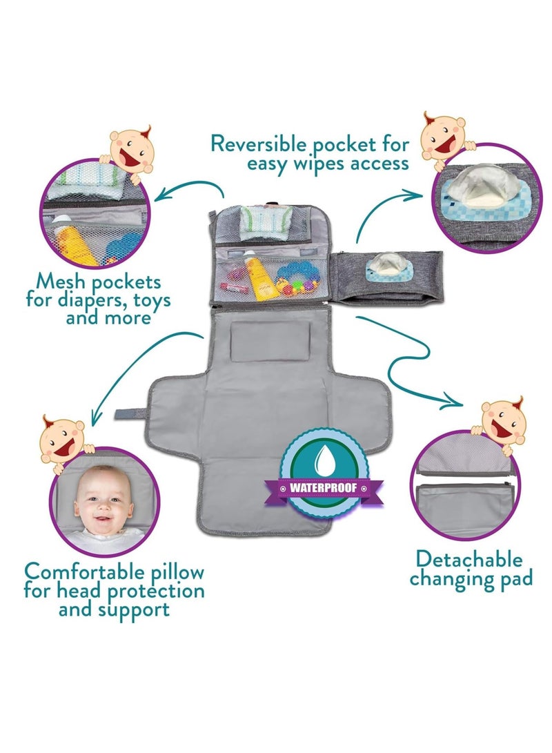 Gonice Baby Portable Diaper Changing Pad,Waterproof Travel Change Pad,with Wipes Pocket, Smart Design Portable Changing Mat, Infant Travel Station Kit, Gift for Newborn Girl & Boy - Grey - Image 3