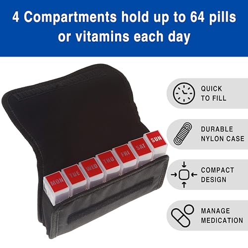 MEDCENTER Traveler 7 Day Pill Organizer, Portable Travel Pill Case, Medication Organizer & Nylon Pill Container w/ 4 Daily Compartments, Standard Size - Image 4