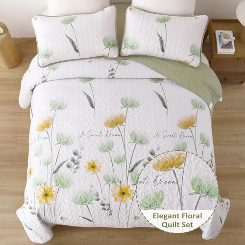 Dinjoy Floral Quilt Set Queen,Green Yellow Bedspread Queen Size 3 Pieces Sage Green Bedding Set Summer Fall Quilts Soft Flower Bedspreads White Coverlet Sets for All Season - Image 2