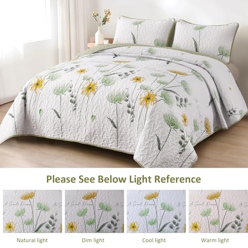 Dinjoy Floral Quilt Set Queen,Green Yellow Bedspread Queen Size 3 Pieces Sage Green Bedding Set Summer Fall Quilts Soft Flower Bedspreads White Coverlet Sets for All Season - Image 4
