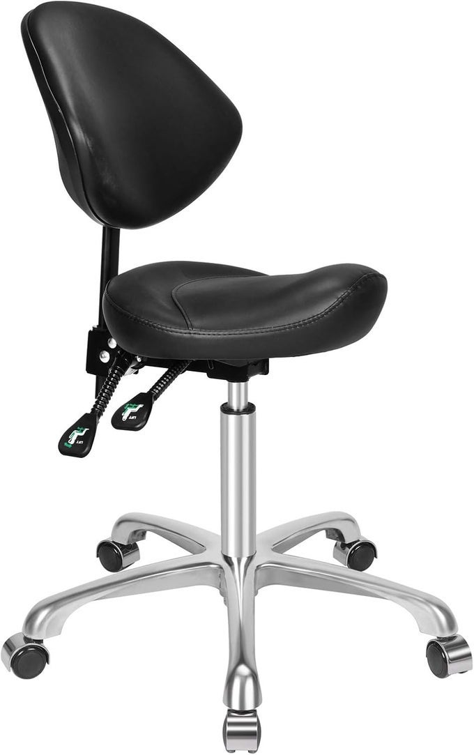 ERGONOMIC ROLLING SWIVEL SADDLE STOOL WITH WHEELS - HYDRAULIC LIFTING HEIGHT ADJUSTABLE SADDLE CHAIRS FOR CLINIC HAIR SALON LAB OFFICE DRAFTING CHAIRS (BLACK, WITH BACK)