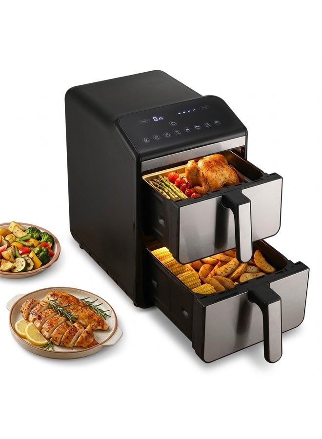 Double Stack Air Fryer Oven, 9.6L 2400W Digital Airfryer with Independent Upper and Lower Touch Control, Auto Shut Off for Healthy Frying, Baking, and Large Family Gatherings