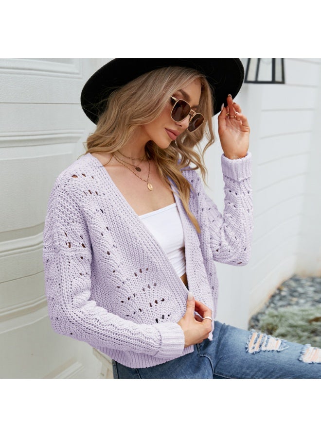 NIBEMINENT Fall and Winter Short Tops Long Sleeve Outer Knitwear Elegant Versatile Hollow Sweater Cardigan - Image 1