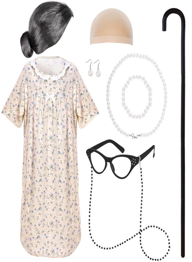 Yymobt 9 Pcs 100 Days of School Costume Old Lady Costume School 100th Activity Suit Grandma Wig Granny Glasses with Chain Pearl Necklace Earring Bracelets Grandma Old-fashioned Dress with Floral - Image 1