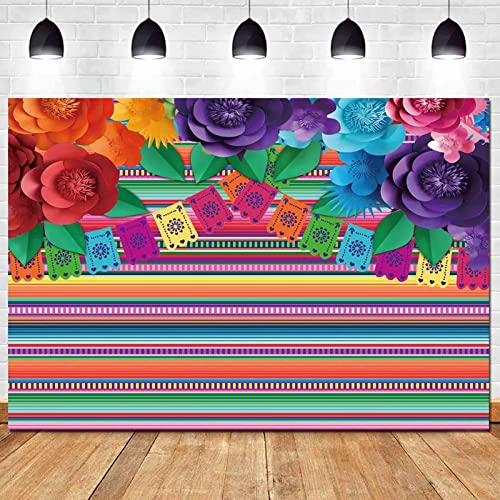 HQM Mexican Fiesta Color Stripes Paper Flower Photo Background Fabric Cinco De Mayo Party Wedding Decor Photography 5x3ft(150x100cm) - Image 1