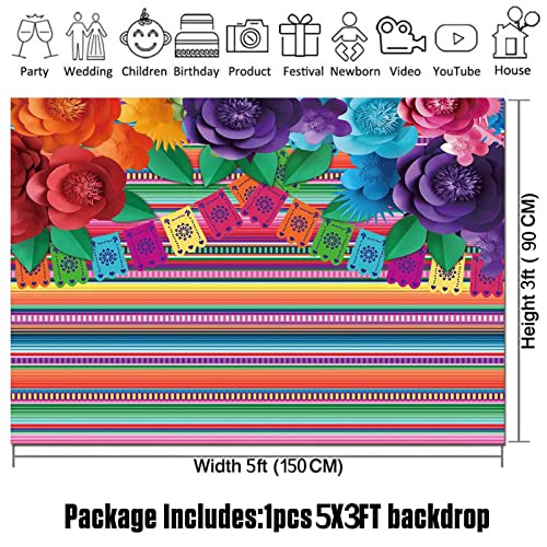 HQM Mexican Fiesta Color Stripes Paper Flower Photo Background Fabric Cinco De Mayo Party Wedding Decor Photography 5x3ft(150x100cm) - Image 5