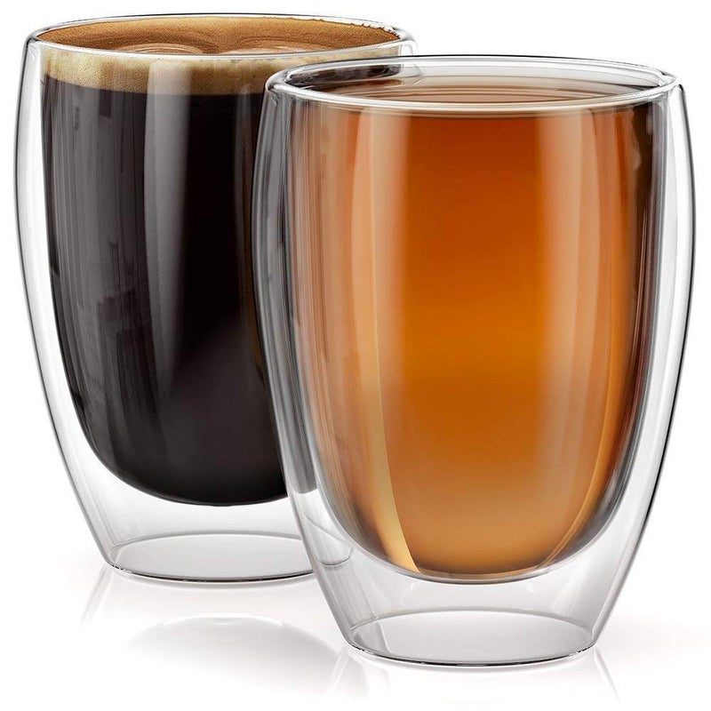 KHOLAD Double Wall Thermal Insulated Glass Coffee Mugs Set of 2 Clear Drinking Glasses Tea Cups for Latte Cappuccino Juice Hot Cold Beverages 350ml - Image 1