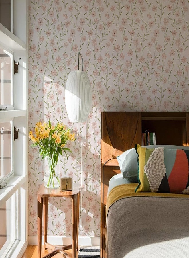 JiffDiff Pink Floral Wallpaper Peel and Stick, Vintage Wildflower Contact Papper for Girls Kids Bedroom, Botanical Flower Farmhouse Self Adhesive Wall Paper Bathroom Furniture 236.2" X17.7"(29 sq. ft) - Image 2