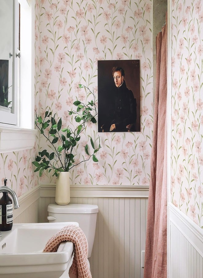 JiffDiff Pink Floral Wallpaper Peel and Stick, Vintage Wildflower Contact Papper for Girls Kids Bedroom, Botanical Flower Farmhouse Self Adhesive Wall Paper Bathroom Furniture 236.2" X17.7"(29 sq. ft) - Image 3