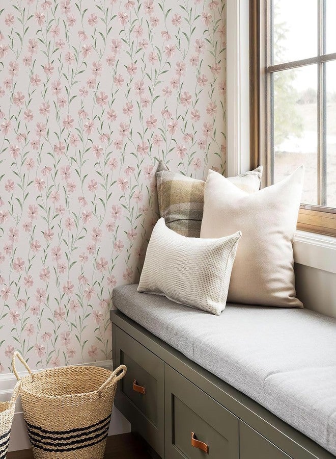 JiffDiff Pink Floral Wallpaper Peel and Stick, Vintage Wildflower Contact Papper for Girls Kids Bedroom, Botanical Flower Farmhouse Self Adhesive Wall Paper Bathroom Furniture 236.2" X17.7"(29 sq. ft) - Image 5