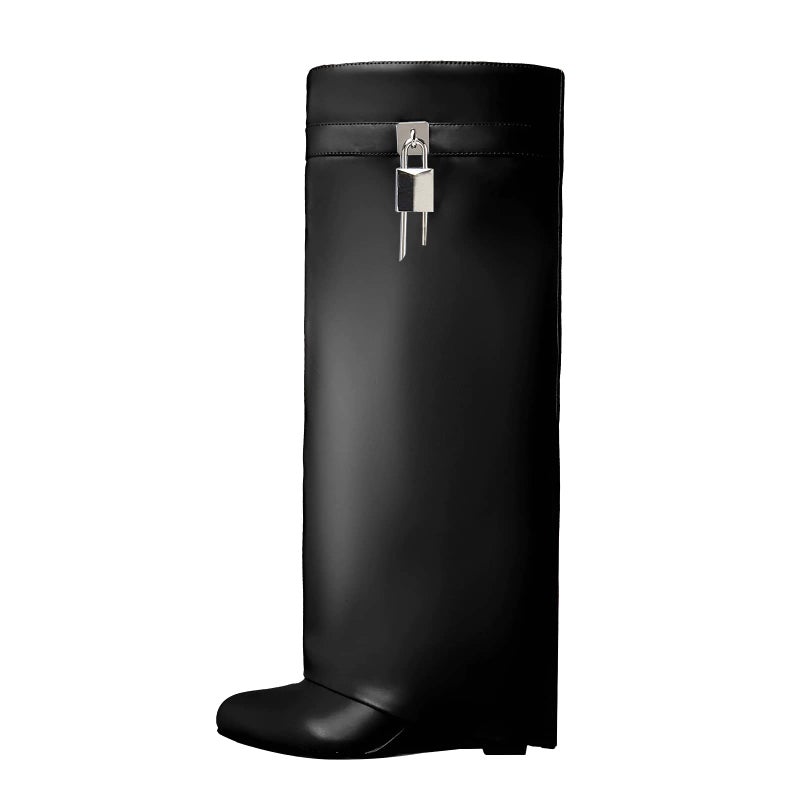 Arqa Fold Over Black Knee High Boots for Women Covered Wedge Heel Shark Boots Pull-on Black Boots Fashion Party Almond Toe Booties Size 8 - Image 1