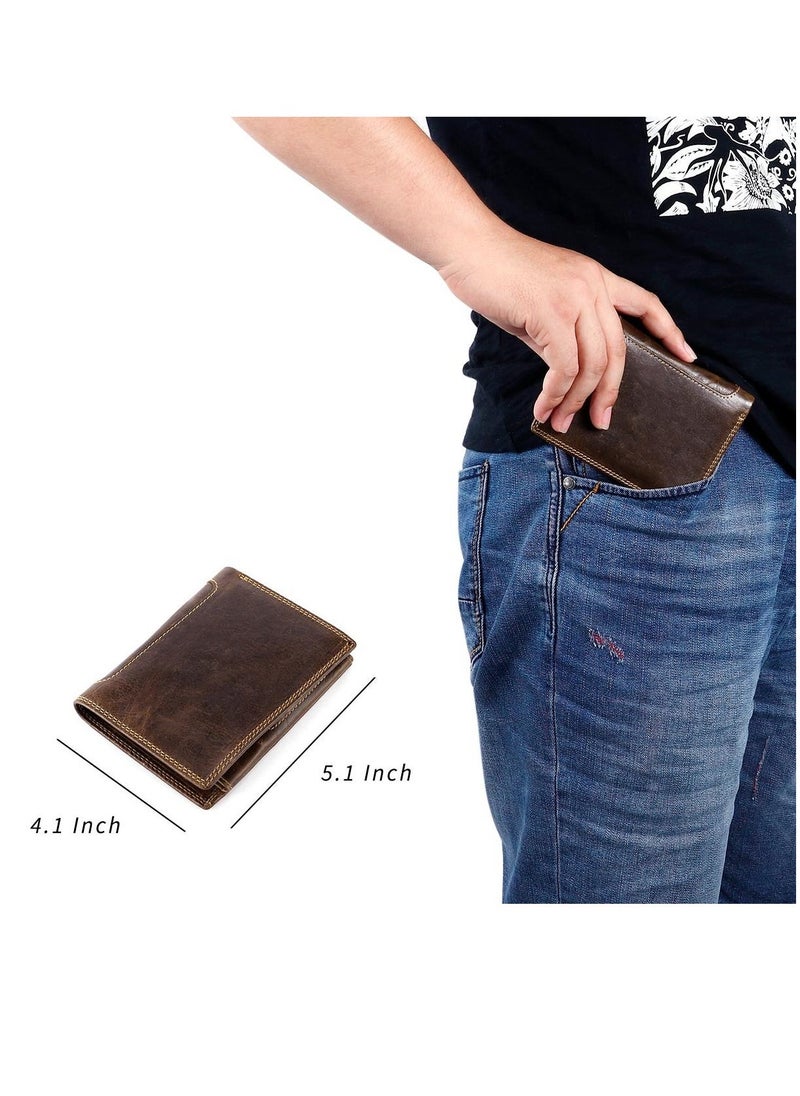 Trifold Billfold RFID Blocking Cowhide Leather Wallet for Men 10 Card Slots 2 ID Windows with Coin Pocket