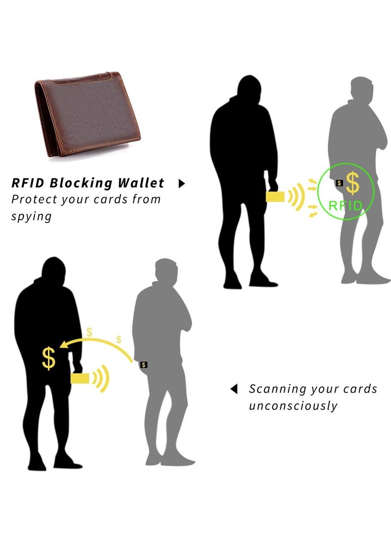 Trifold Billfold RFID Blocking Cowhide Leather Wallet for Men 10 Card Slots 2 ID Windows with Coin Pocket