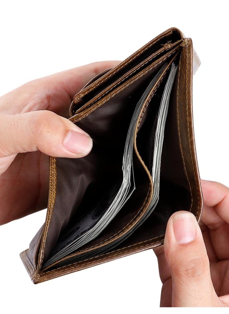 Trifold Billfold RFID Blocking Cowhide Leather Wallet for Men 10 Card Slots 2 ID Windows with Coin Pocket
