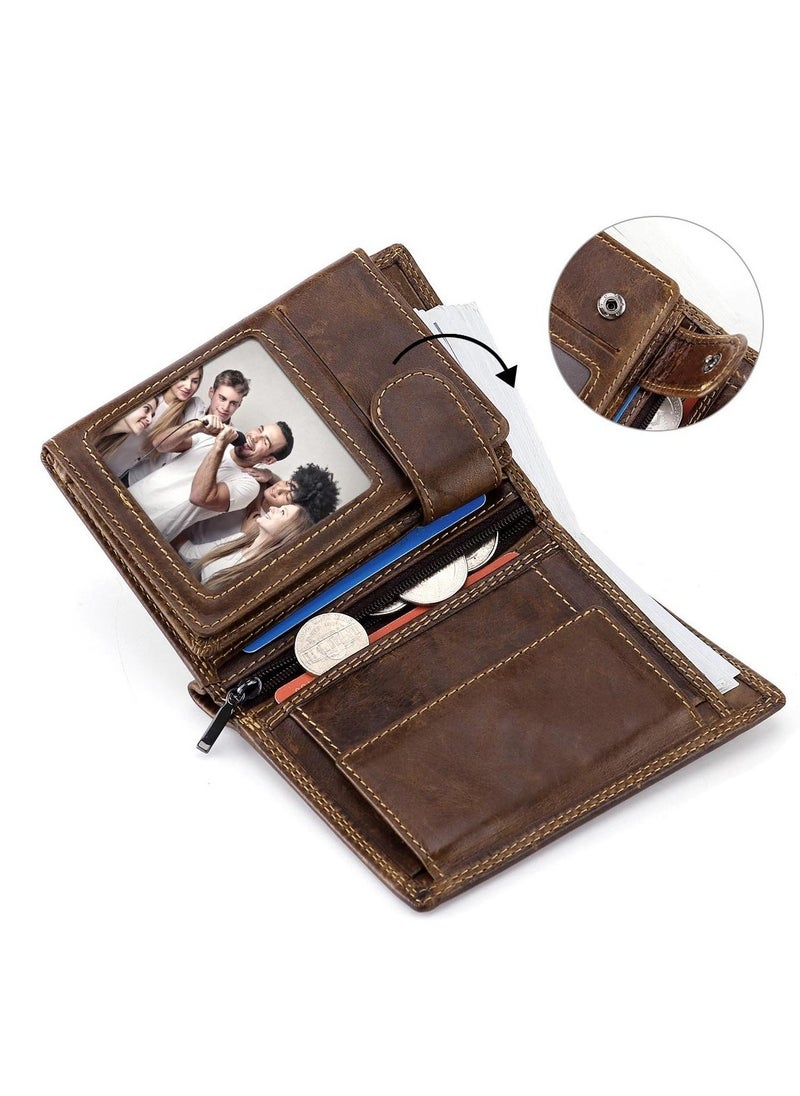 Trifold Billfold RFID Blocking Cowhide Leather Wallet for Men 10 Card Slots 2 ID Windows with Coin Pocket