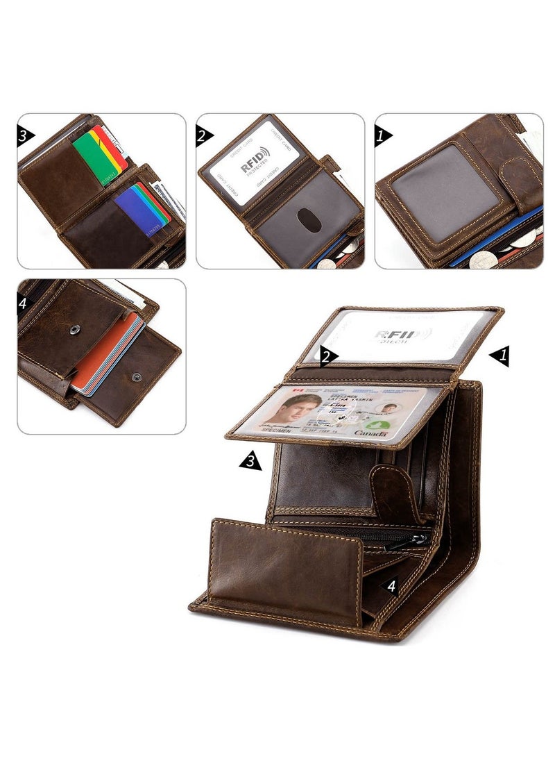 Trifold Billfold RFID Blocking Cowhide Leather Wallet for Men 10 Card Slots 2 ID Windows with Coin Pocket