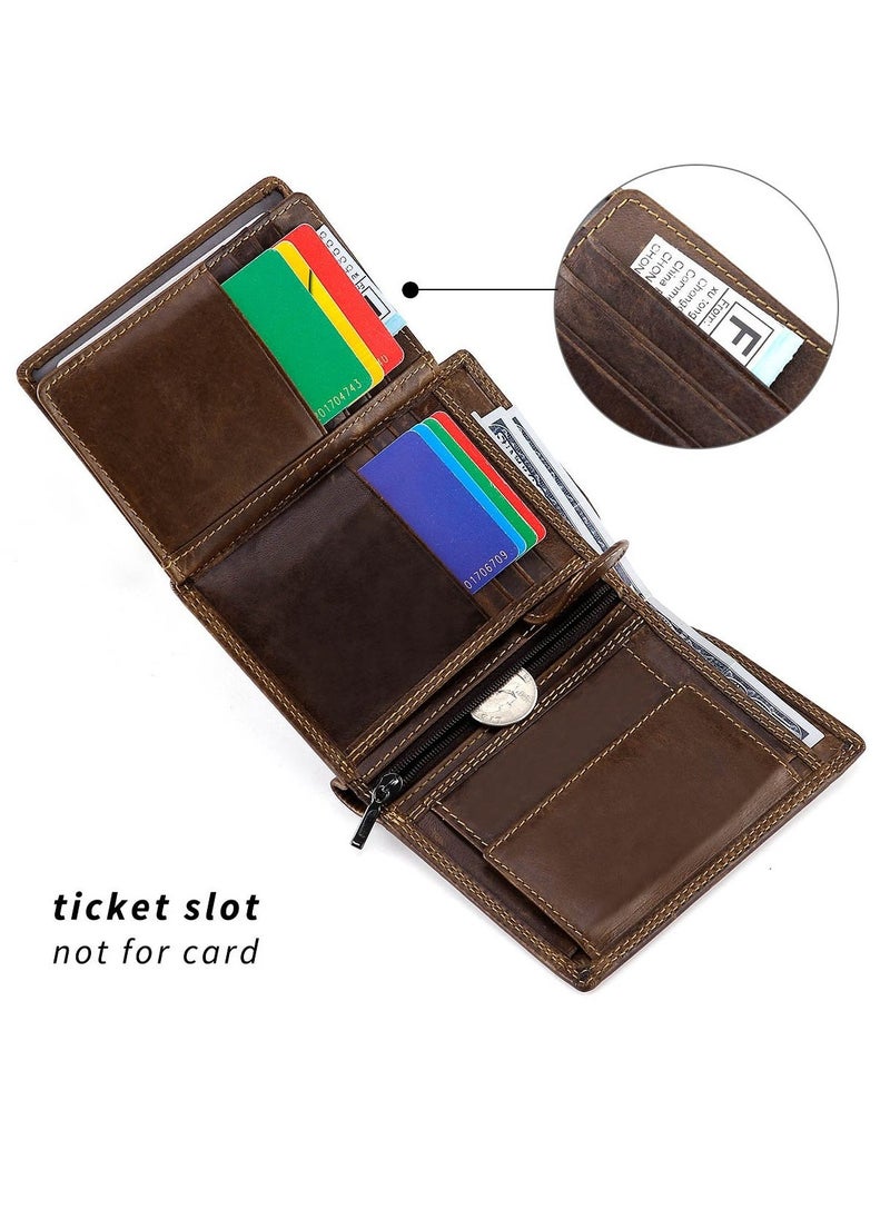 Trifold Billfold RFID Blocking Cowhide Leather Wallet for Men 10 Card Slots 2 ID Windows with Coin Pocket