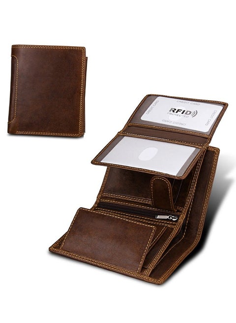 Trifold Billfold RFID Blocking Cowhide Leather Wallet for Men 10 Card Slots 2 ID Windows with Coin Pocket