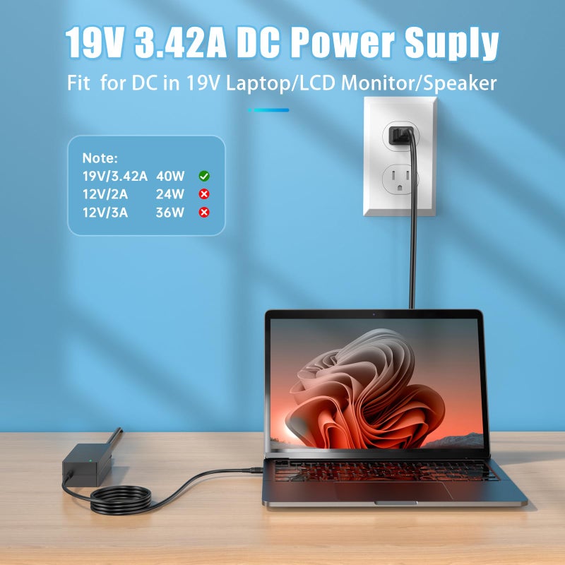 Mareisa 19V DC Power Supply 19V 3.42A Power Adapter for 65W 45W Laptop Monitor Speaker Compatible with Asus/Acer/Gateway/Toshiba Laptop for LG/Acer/Asus Monitor Power Cord with 10tips - Image 4