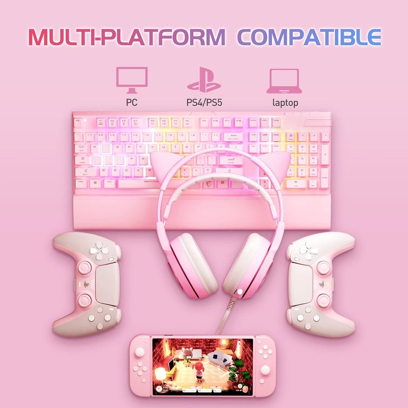 Somic G951pink Gaming Headset for PC, PS4, PS5, Laptop, Cat Ear Headphone USB Gaming Headphones with Mic Noise Cancelling, LED Light, 7.1 Virtual Surround Sound for Girls, Women - Image 3