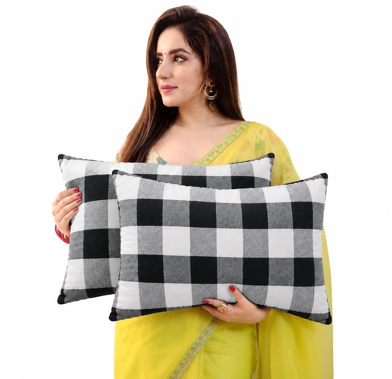 ATOOTFUSION 100% Cotton Fabric Black Hosiery Medium Hard Cotton Bed Pillow for Real Perfect Neck Support (16" x 26") Set of 02 Checkered Multicolour - Image 1