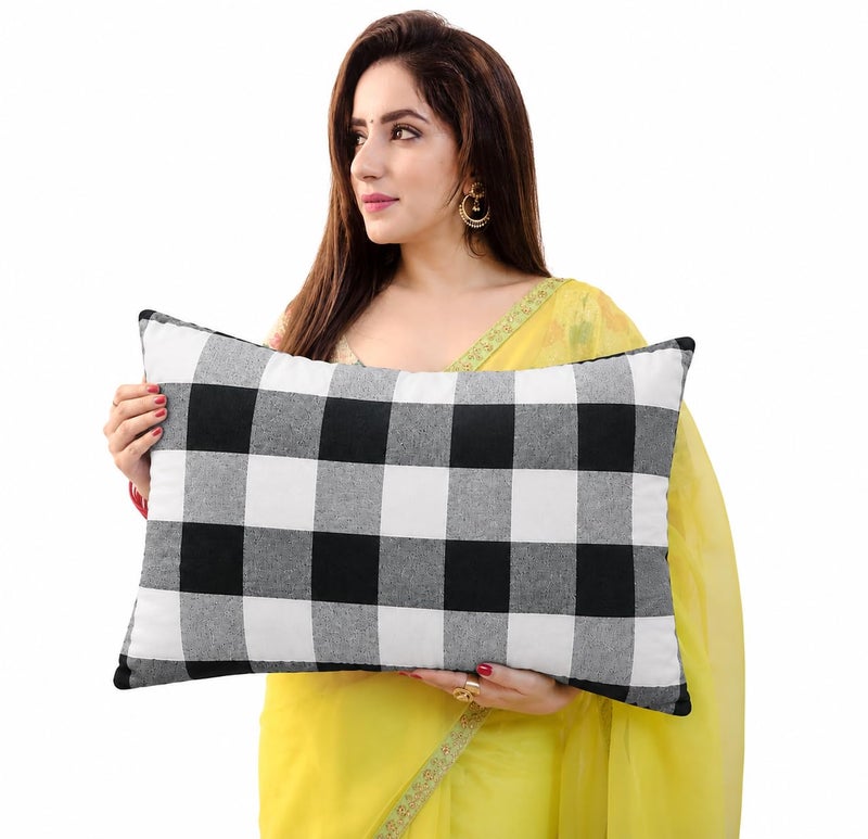 ATOOTFUSION 100% Cotton Fabric Black Hosiery Medium Hard Cotton Bed Pillow for Real Perfect Neck Support (16" x 26") Set of 02 Checkered Multicolour - Image 3