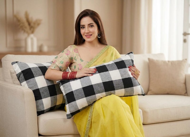 ATOOTFUSION 100% Cotton Fabric Black Hosiery Medium Hard Cotton Bed Pillow for Real Perfect Neck Support (16" x 26") Set of 02 Checkered Multicolour - Image 2