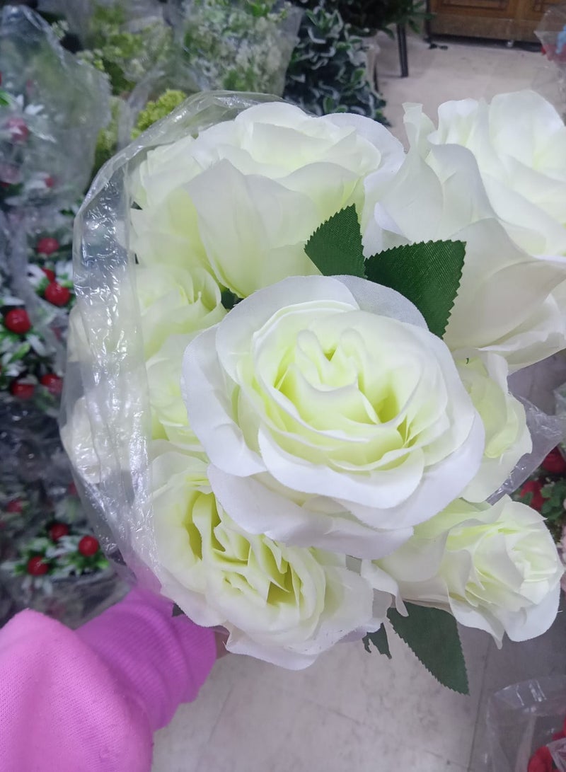 Generic White Rose Bouquet High Quality Artificial Rose Bouquet of 12 Roses with Marble Chip Bag to Decorate Flower Holder Pot  - Image 1