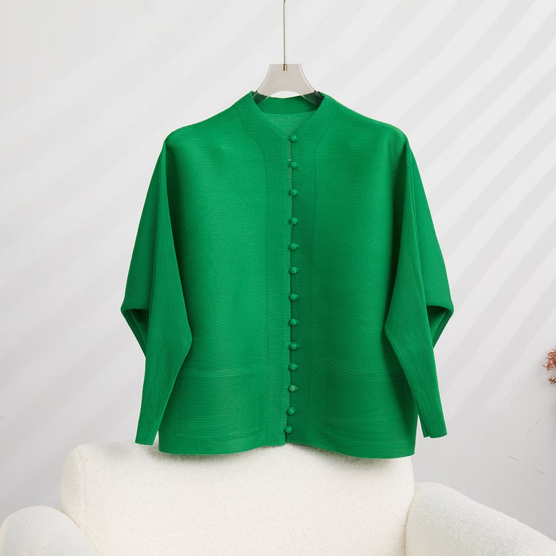 Vintage Pleated Long Sleeve T-Shirt, Casual Collared Womens Cardigan Black  - Image 3