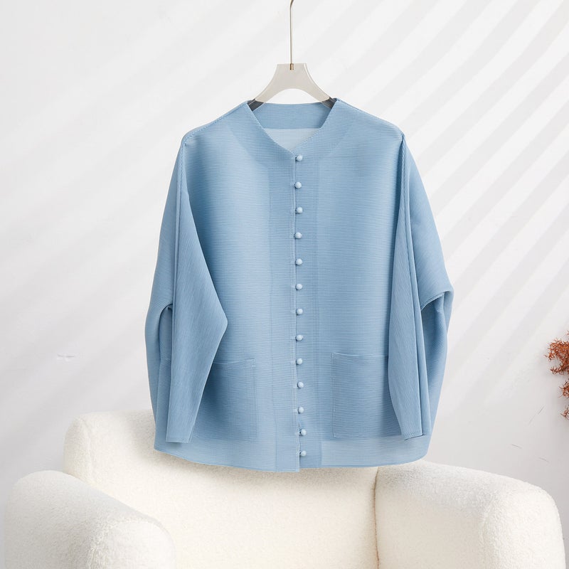 Vintage Pleated Long Sleeve T-Shirt, Casual Collared Womens Cardigan Black  - Image 4