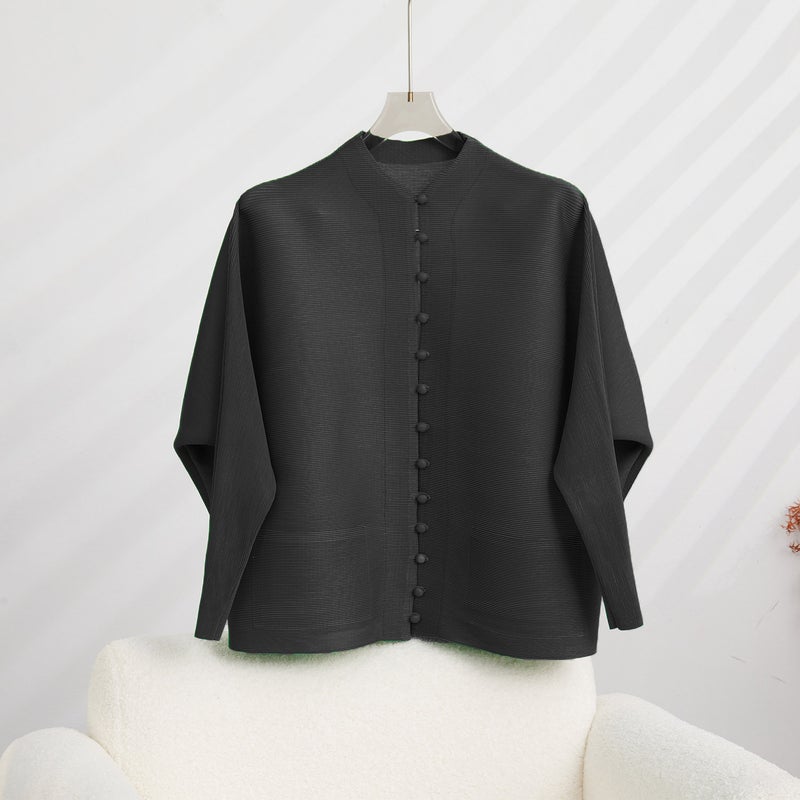 Vintage Pleated Long Sleeve T-Shirt, Casual Collared Womens Cardigan Black  - Image 1