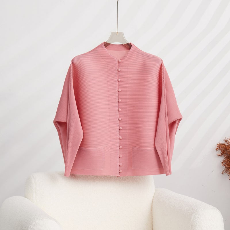 Vintage Pleated Long Sleeve T-Shirt, Casual Collared Womens Cardigan Black  - Image 5