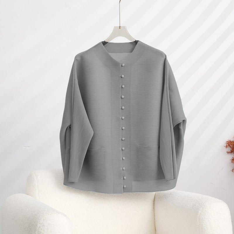 Vintage Pleated Long Sleeve T-Shirt, Casual Collared Womens Cardigan Black  - Image 2