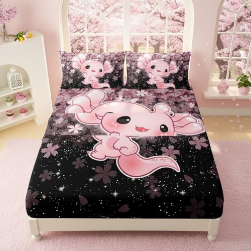 QOOMO Kawaii Axolotl Bedding for Boys and Girls Pink Cherry Blossom Super Soft Kids Bedding Set Sparkling Stars Breathable Room Decoration Twin Size 1 Fitted Sheet, 1 Flat Sheet, 2 Pillow Cases - Image 1