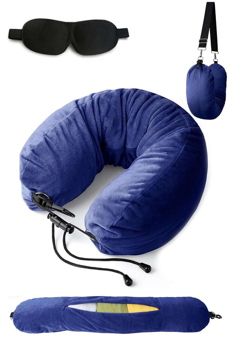 Stuffable Neck Pillow for Travel, Adjustable U-shapes, Extra Luggage Storage Ideal 1-3 Days Travel Essentials, 3D Eye Mask Included, Blue - Image 1