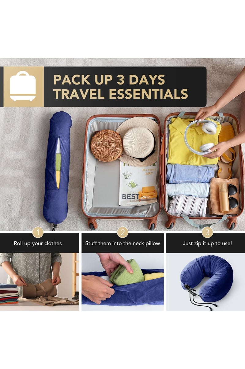 Stuffable Neck Pillow for Travel, Adjustable U-shapes, Extra Luggage Storage Ideal 1-3 Days Travel Essentials, 3D Eye Mask Included, Blue - Image 4