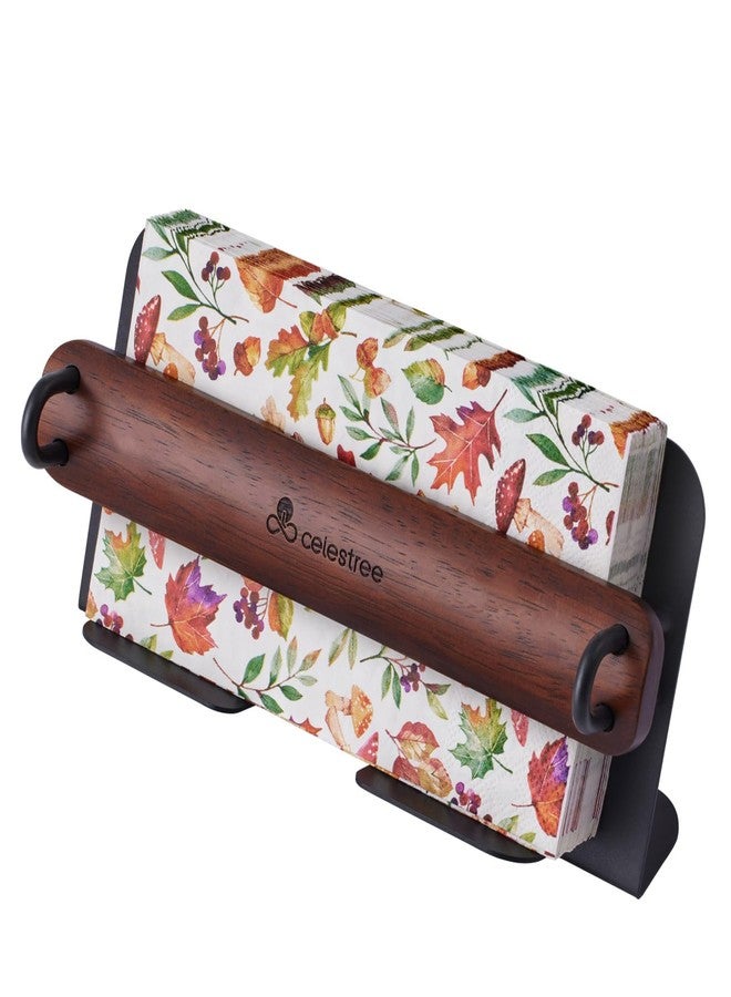 Celestree Guest Towel Holder for Bathroom - Ironl Napkin Dispenser with Raintree Wood Weighted Arm, Rectangular Disposable Hand Towels Tray for Table Kitchen Steak Dinner Vanity Picnic - Image 1