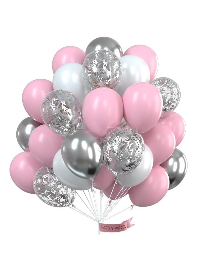 PartyWoo PartyWoo Pink Balloons Set, 60 pcs Pink and White Balloons, Silver Metallic Balloons, Silver Confetti Balloons, Party Balloons, Latex Balloons, Birthday Party Decorations, Pink Party Decorations  - Image 1