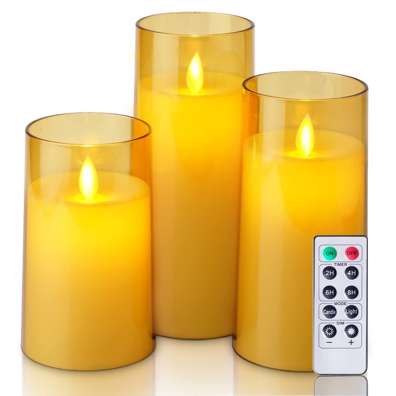 5plots Gold Flickering Flameless Candles, Unbreakable Glass Battery Operated Plexiglass LED Pillar Radiance Candles with Remote Control and Timer - Image 1