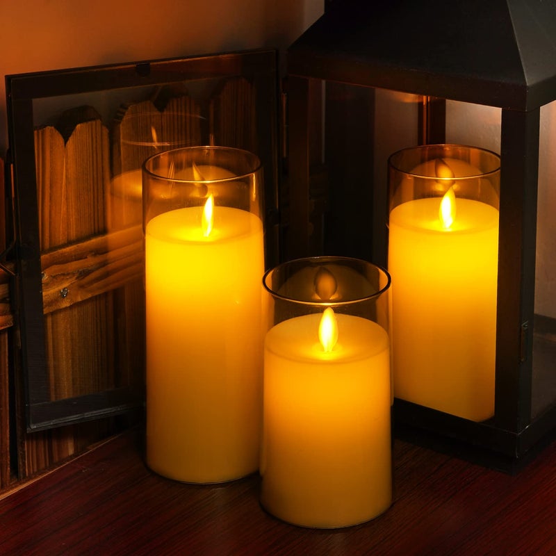 5plots Gold Flickering Flameless Candles, Unbreakable Glass Battery Operated Plexiglass LED Pillar Radiance Candles with Remote Control and Timer - Image 2